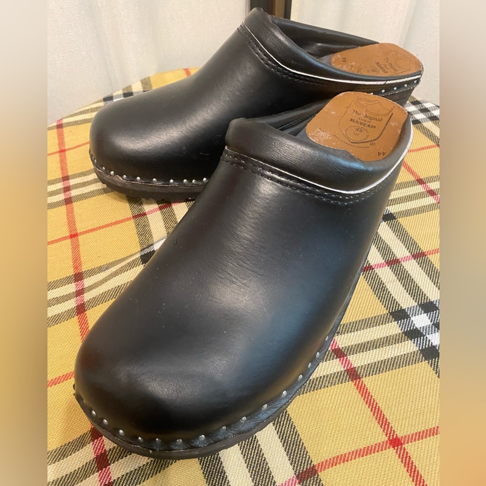 Troentorp SZ 44 Made in Sweden Leather Wood Clogs Black